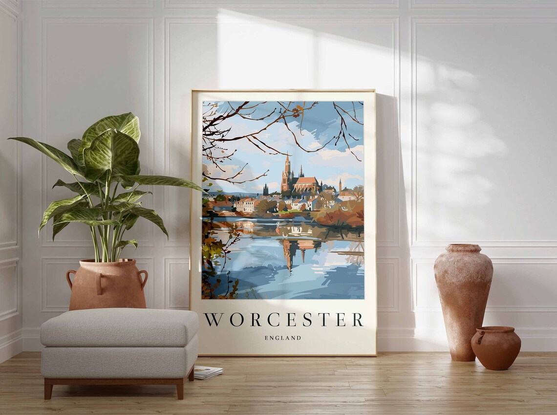 Worcester England Travel Poster Cathedral River Reflection Autumn Art - Image 3