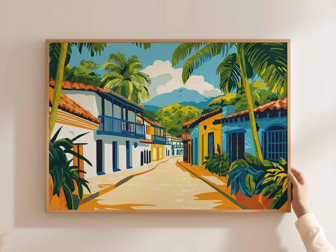 Colombia Tropical Street Palms Colorful Houses Mountain Art Poster