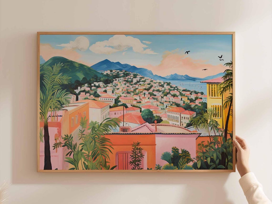 Caracas Hillside Rooftops Ocean View Palm Trees Scenic Art Poster