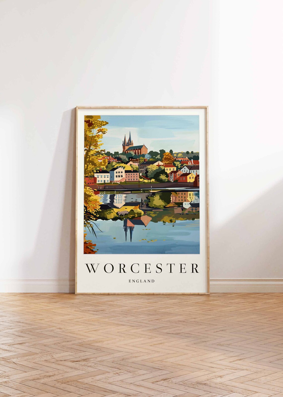 Worcester England Travel Poster Autumn City Cathedral River Painting - Image 2
