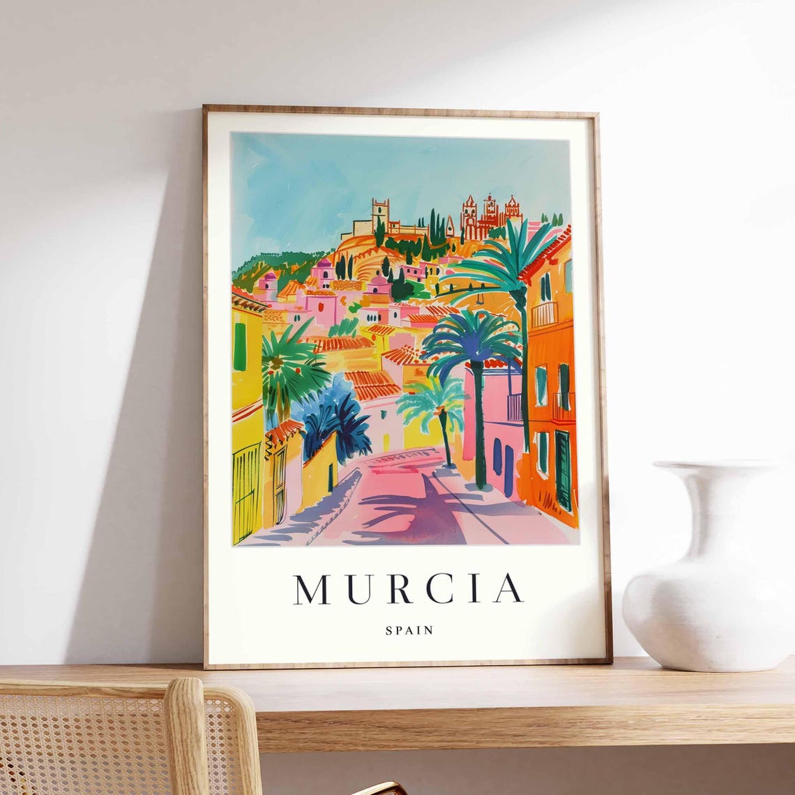 Murcia Spain Palm Lined Pink Street Sunny Travel Decor Poster
