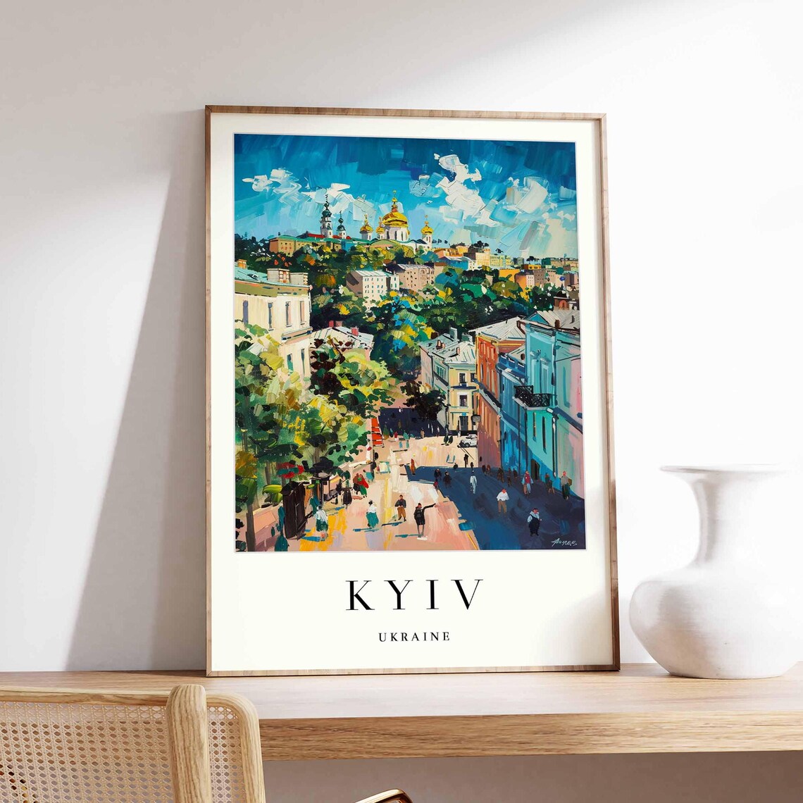 Kyiv Ukraine Narrow Cobblestone Lane Pastel Houses Church Poster