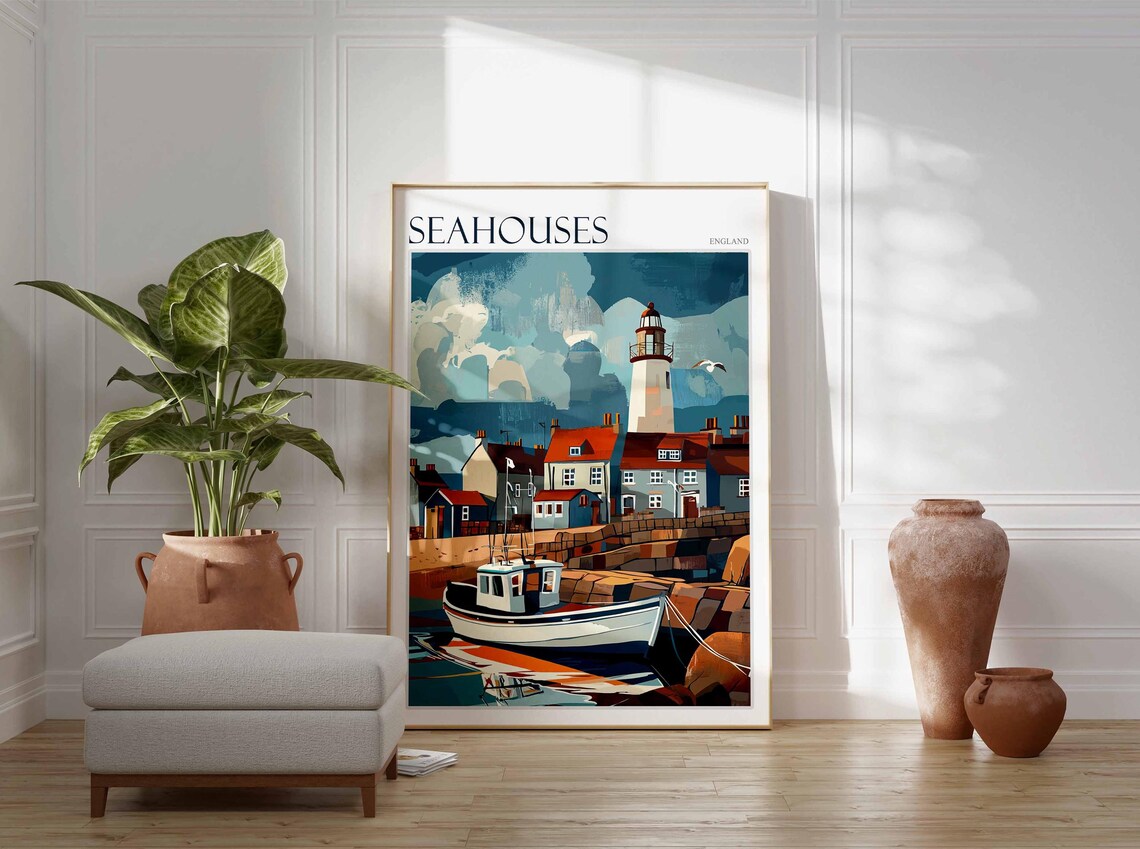 Seahouses England Lighthouse Harbor Fishing Boat Travel Poster - Image 2