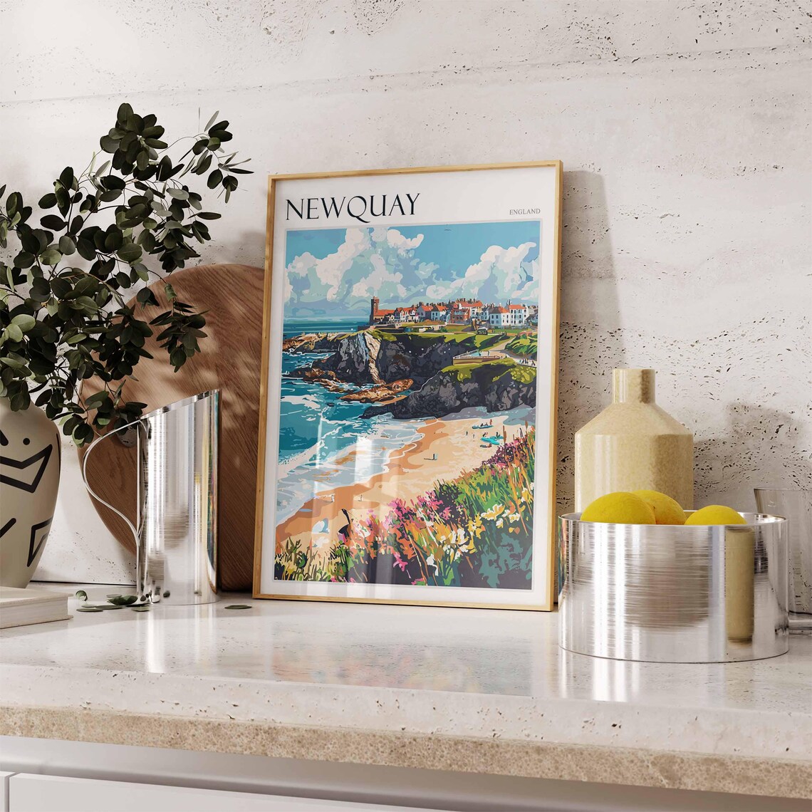 Newquay England Rocky Cliffs Crashing Waves Wildflowers Poster - Image 2