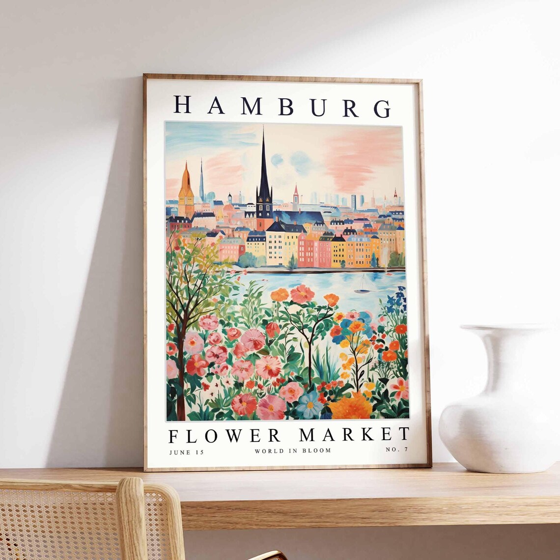Hamburg Flower Market Sunset Skyline Blossoming Garden City Poster