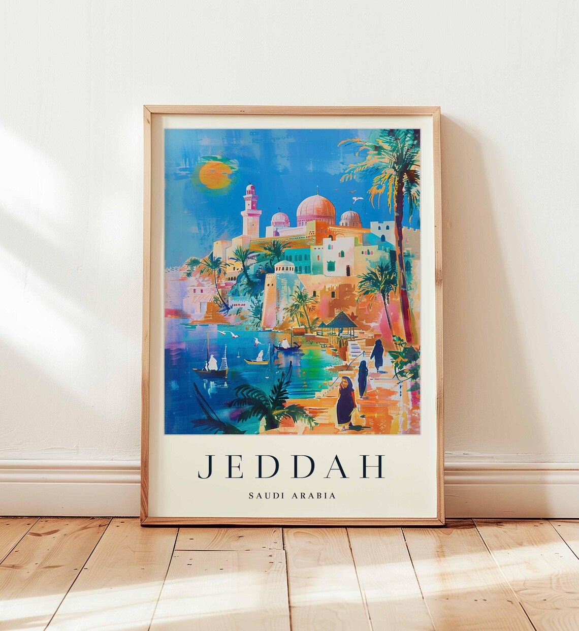 Jeddah Saudi Arabia Mosque Waterfront Boats Colorful Art Poster