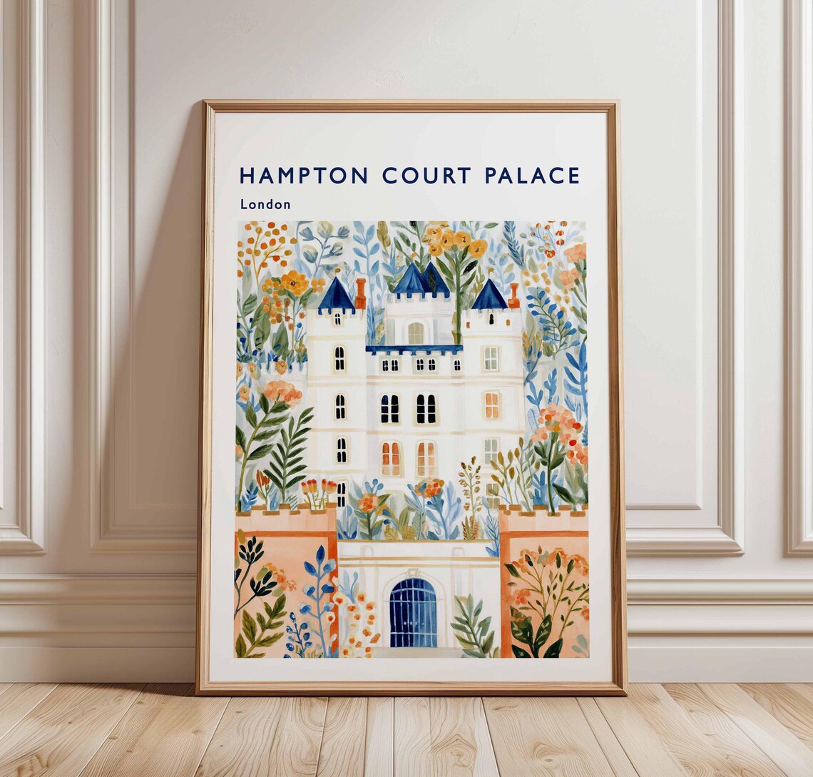 Hampton Court Palace London White Castle Floral Travel Poster