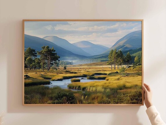 Cairngorms Golden Marsh River Pine Forest Misty Peaks Painting Poster