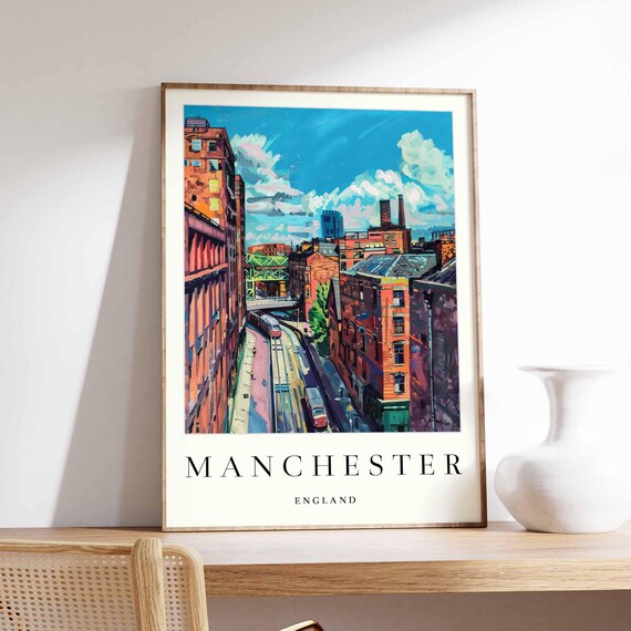 Manchester England Railway Viaduct Between Brick Warehouses Poster
