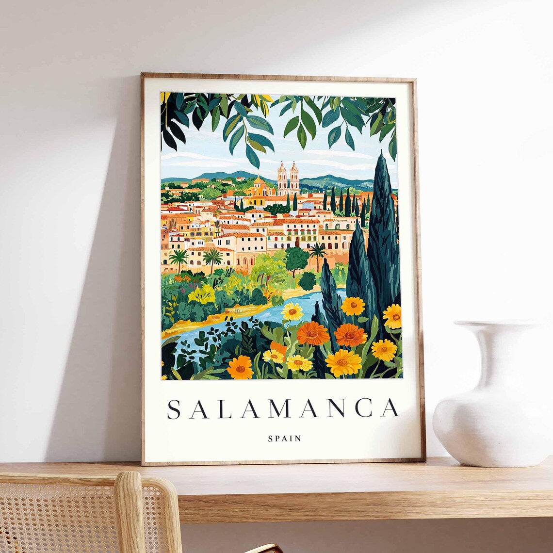 Salamanca Spain Poster With Floral Garden Frame And Cathedral Towers