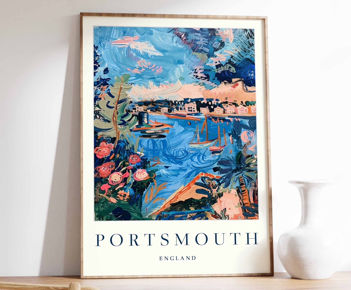 Portsmouth England Painterly Harbor Boats Floral Coastal Poster