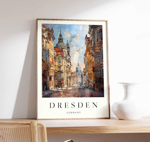 Dresden Germany Old Town Cobblestone Street Watercolor Domes Poster