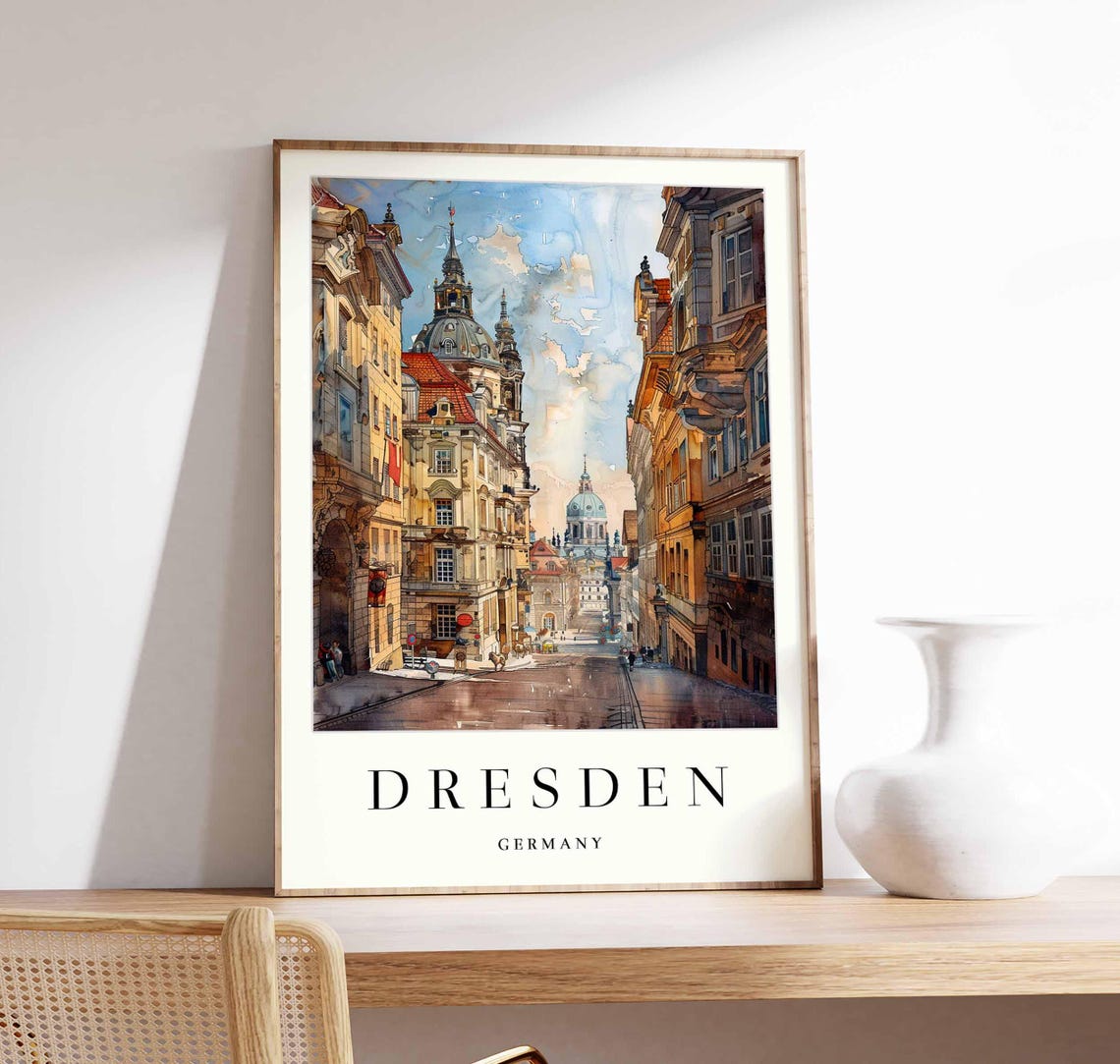 Dresden Germany Old Town Cobblestone Street Watercolor Domes Poster