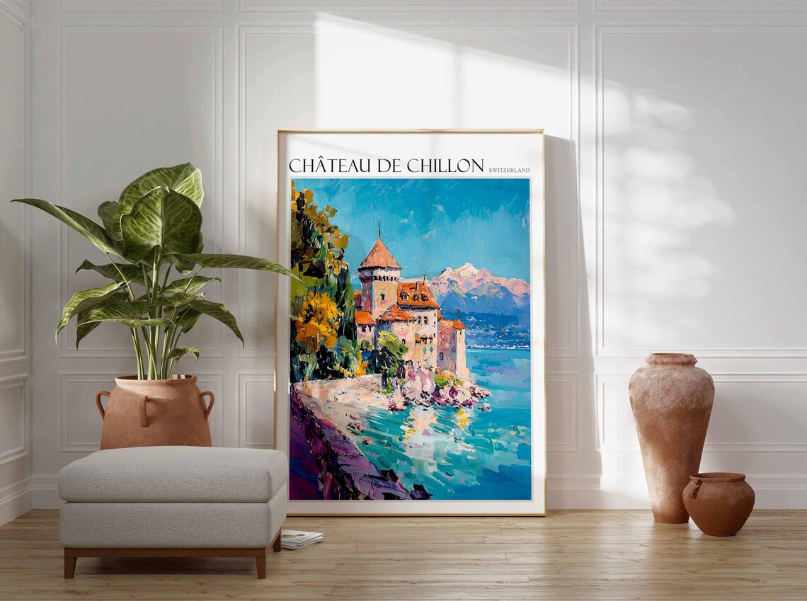 Chateau de Chillon Switzerland Castle and Alps Oil Painting Poster - Image 2