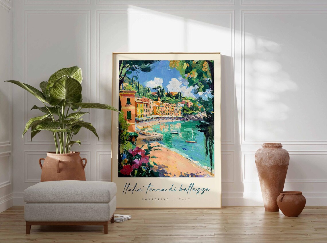 Portofino Italy Sandy Cove Painting Italia Terra Di Bellezze Poster - Image 3