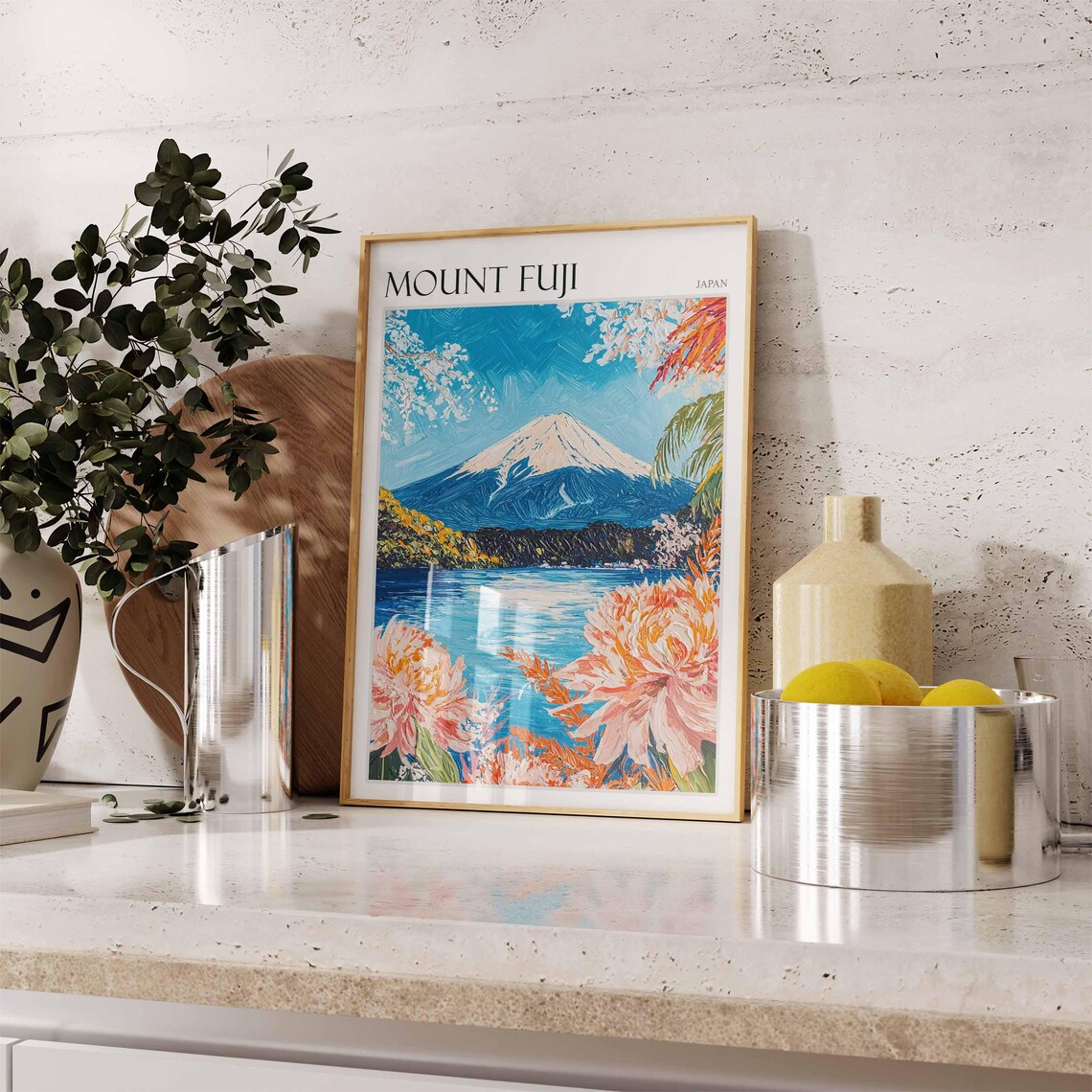 Mount Fuji Japan Cherry Blossoms and Peonies by the Lake Travel Poster - Image 2