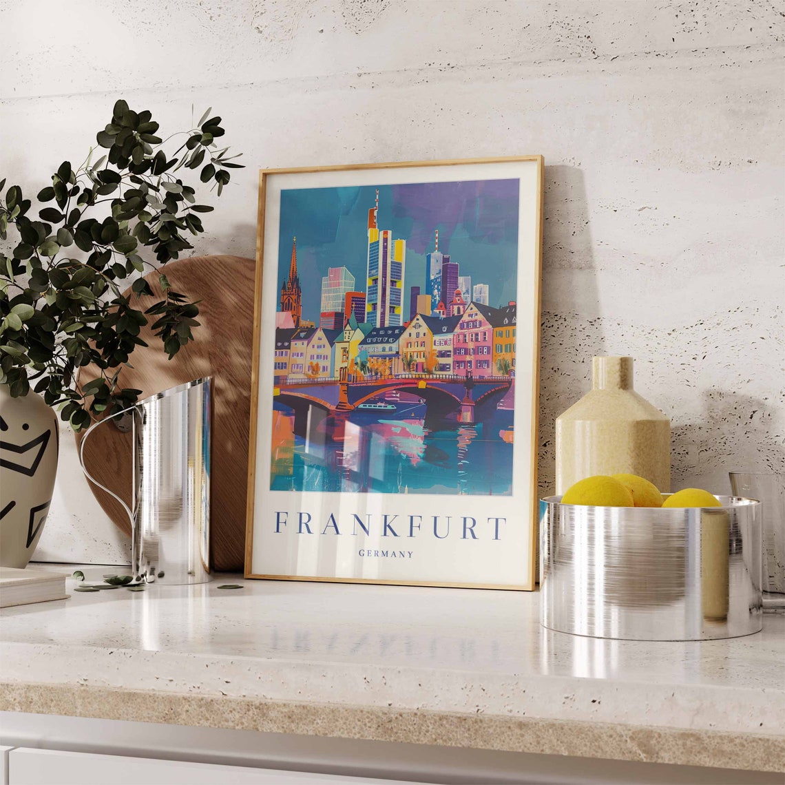 Frankfurt Germany Skyline Bridge Colorful Modern City Art Poster - Image 2