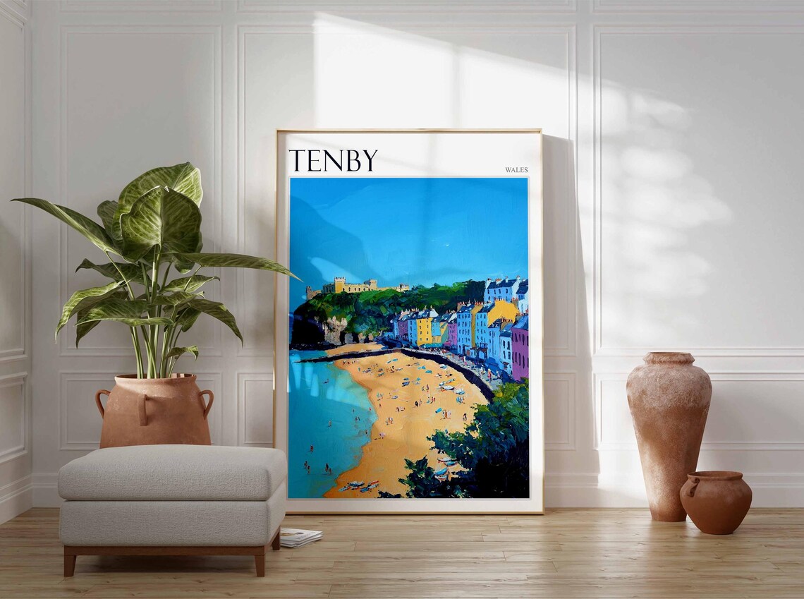 Tenby Castle Headland Beach Boats Harbour Houses View Art Poster - Image 2