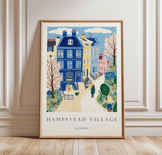 Hampstead Village London Blue House Cobblestone Path Art Poster