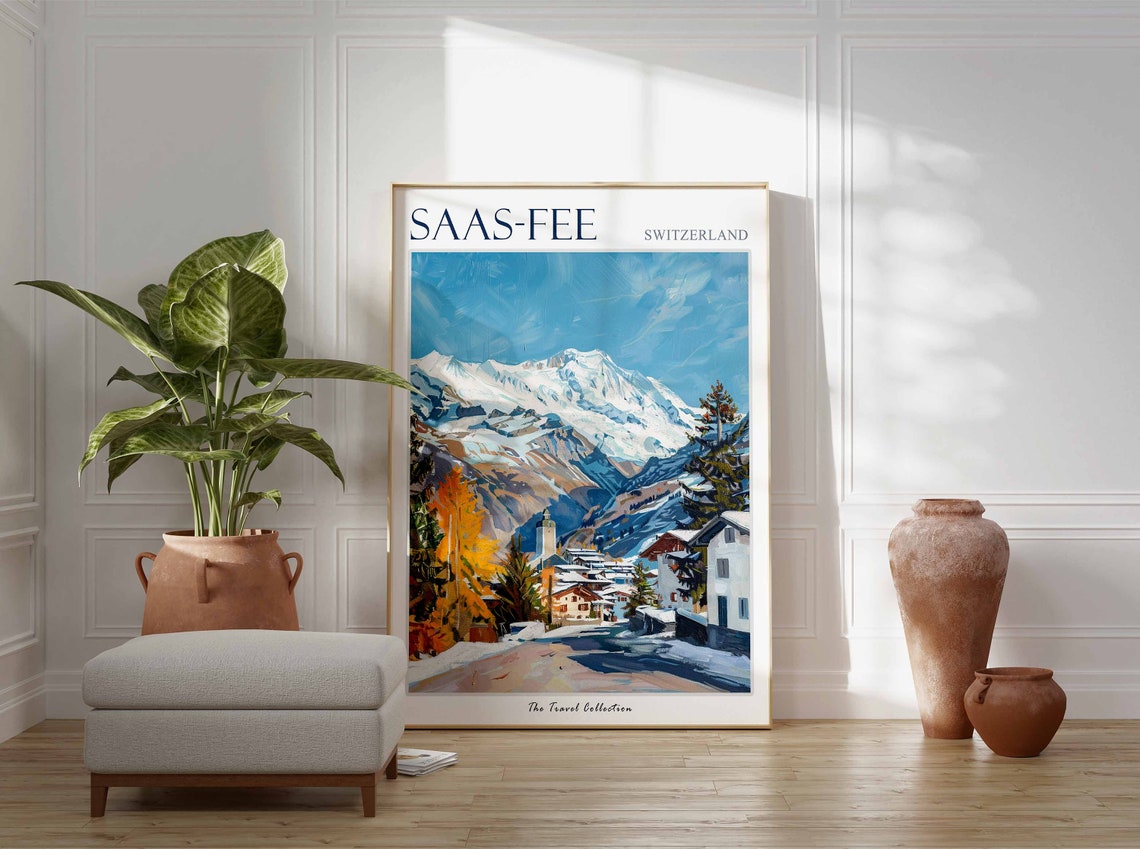 Saas Fee Switzerland Snow Capped Mountain Village Illustration Poster - Image 3