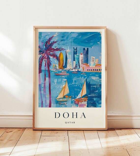 Doha Qatar Skyline Sailboats Harbor Watercolor Scene Art Poster