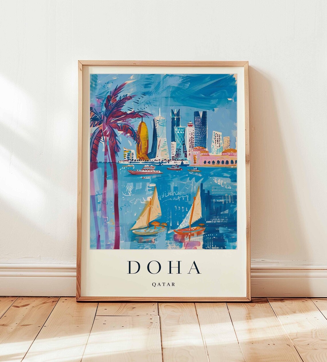 Doha Qatar Skyline Sailboats Harbor Watercolor Scene Art Poster