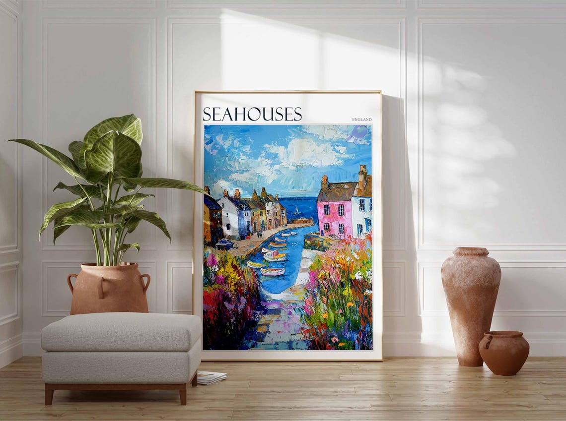Seahouses Harbour Fishing Boats Floral Art Travel Poster England - Image 2