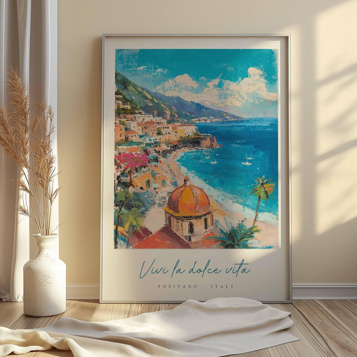 Positano Italy Domed Church Cove Turquoise Sea Palm View Travel Poster - Image 2