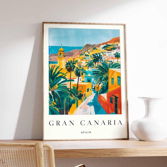 Gran Canaria Spain Church Tower Palm Town Coastal Travel Poster