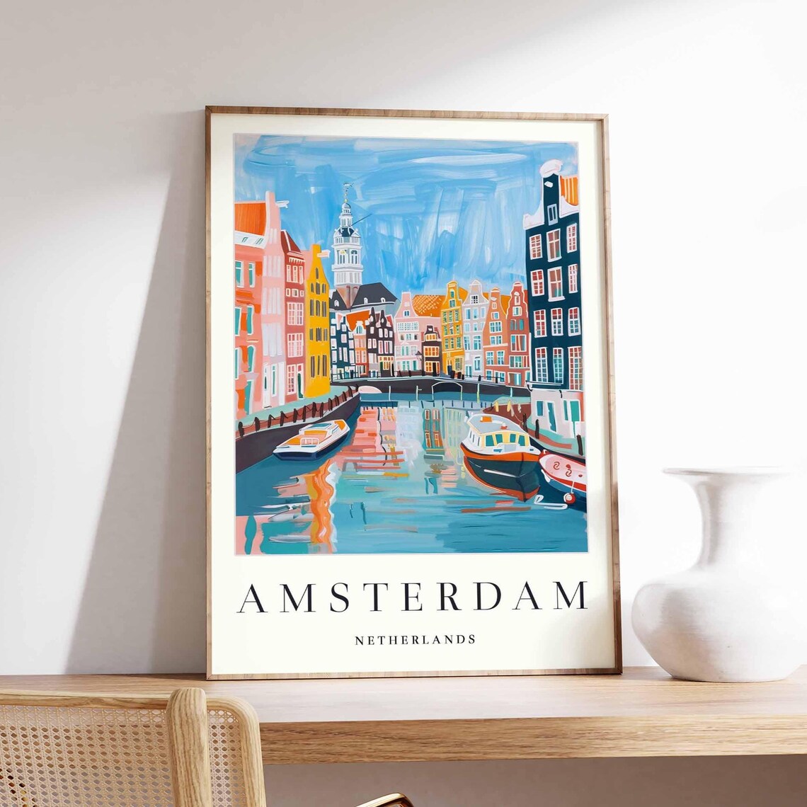 Amsterdam Netherlands Colorful Canal Boats Travel Art Poster