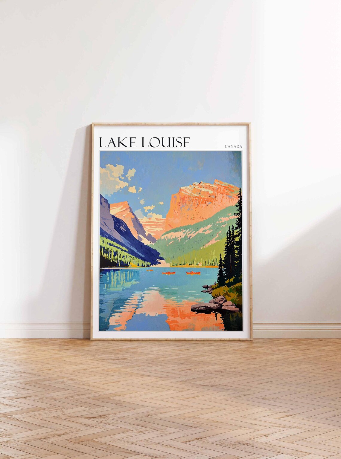 Lake Louise Canada Red Canoes Orange Cliffs Lakeside Art Poster - Image 3