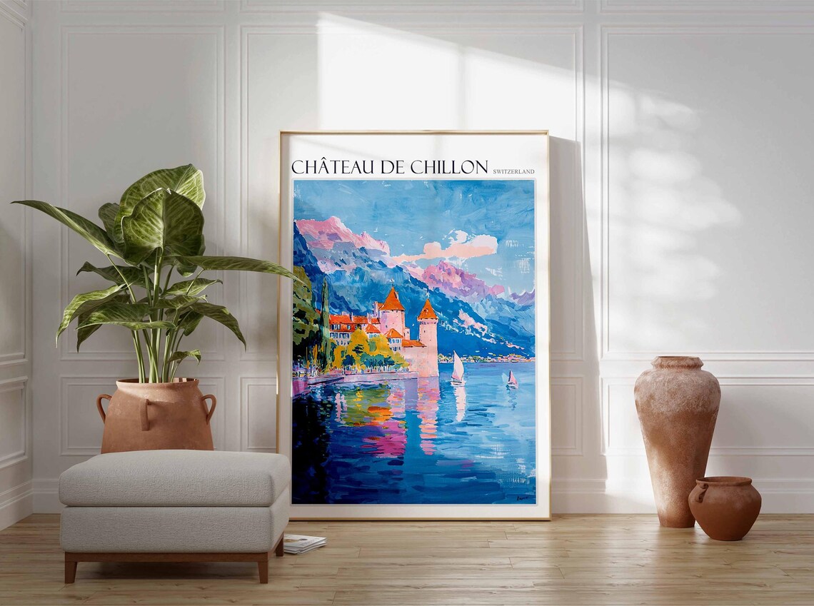 Château de Chillon Switzerland Lake Castle Reflections Painting Poster - Image 2