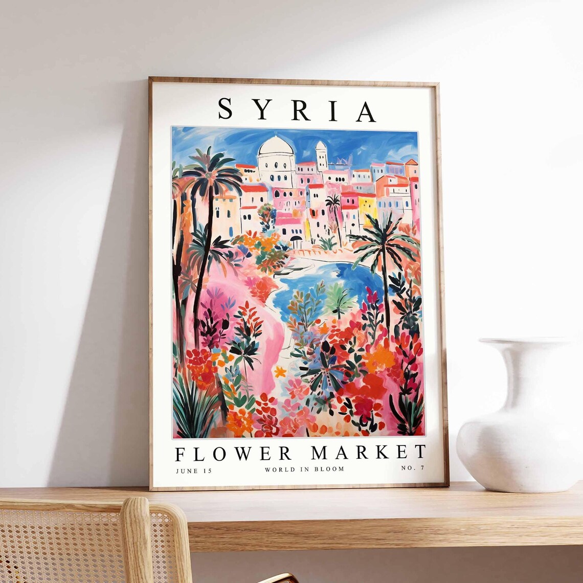 Syria White Domed Building Pink Town Palm Flowers Art Poster