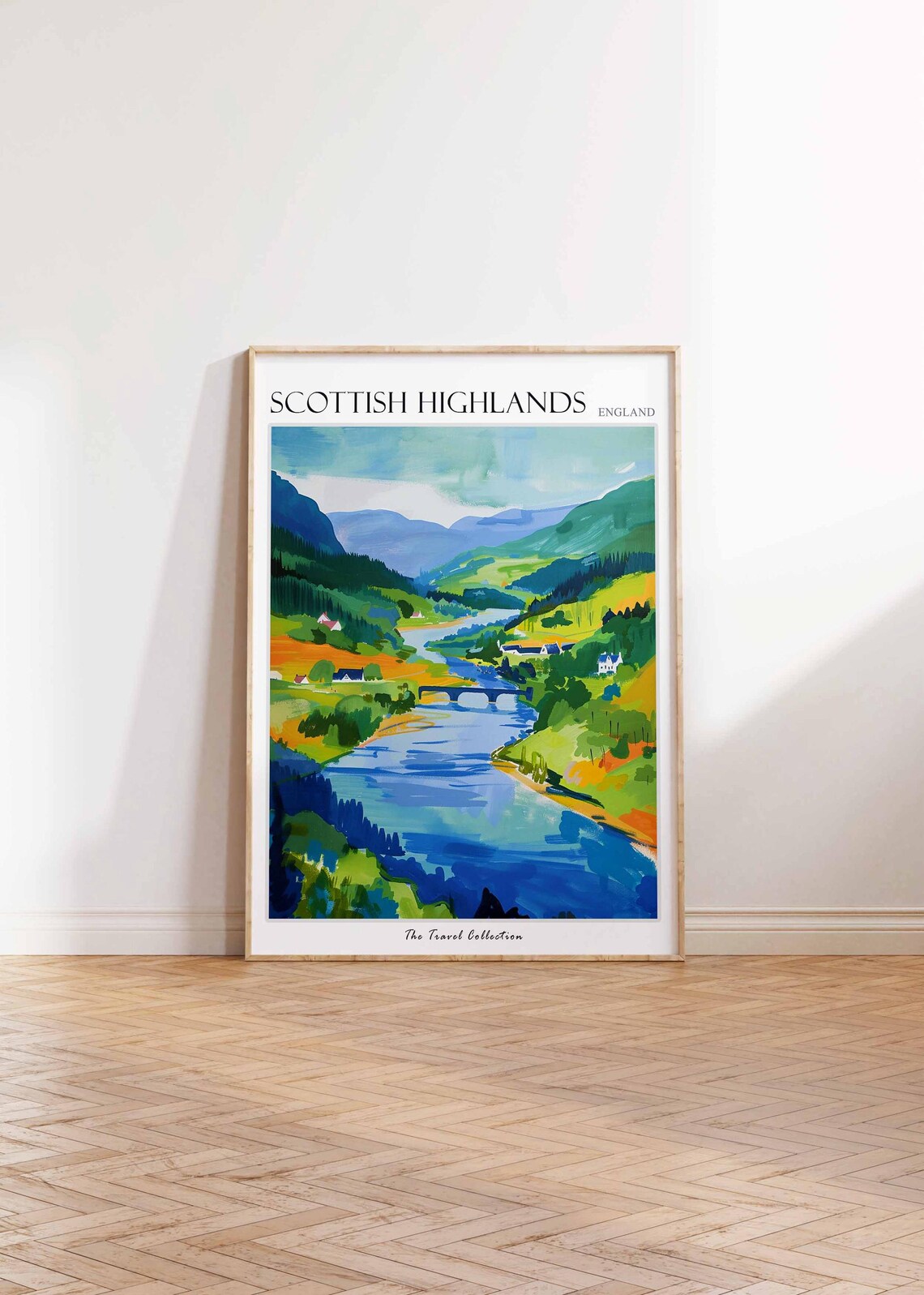 Scottish Highlands River Bridge Green Valley Scene Travel Poster - Image 2