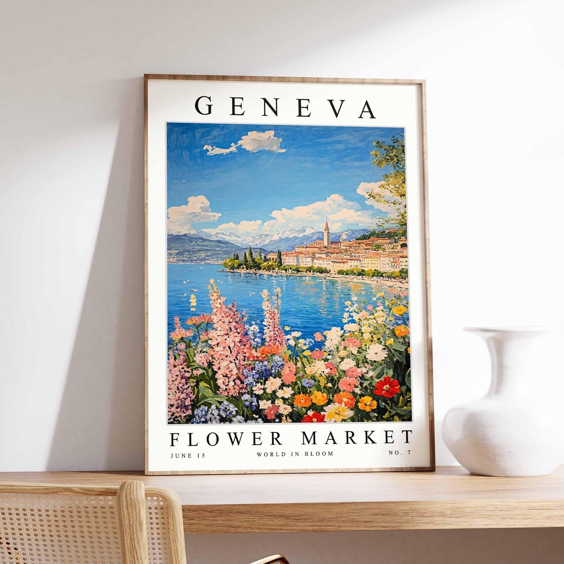 Geneva Flower Market Pink Wildflowers Lakeside Town Art Poster