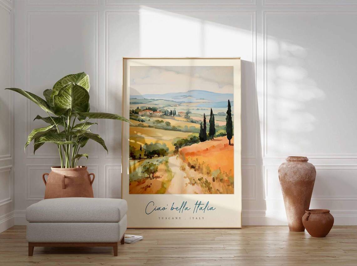 Tuscany Italy Country Road Terracotta Hills Watercolor Travel Poster - Image 3