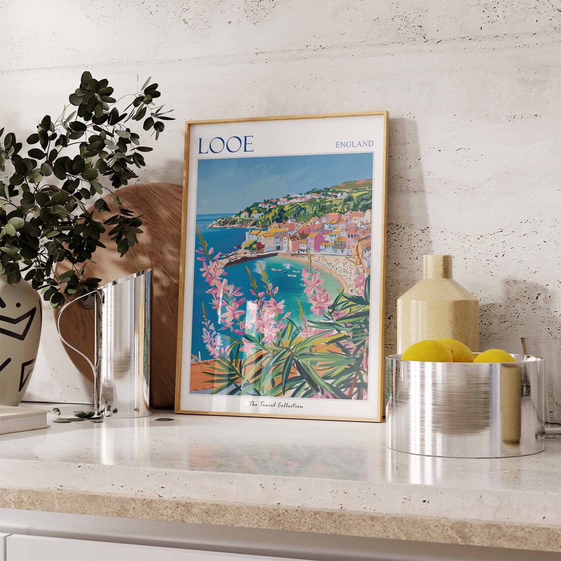 Looe England Fishing Village Harbor Pink Flowers Travel Poster - Image 2