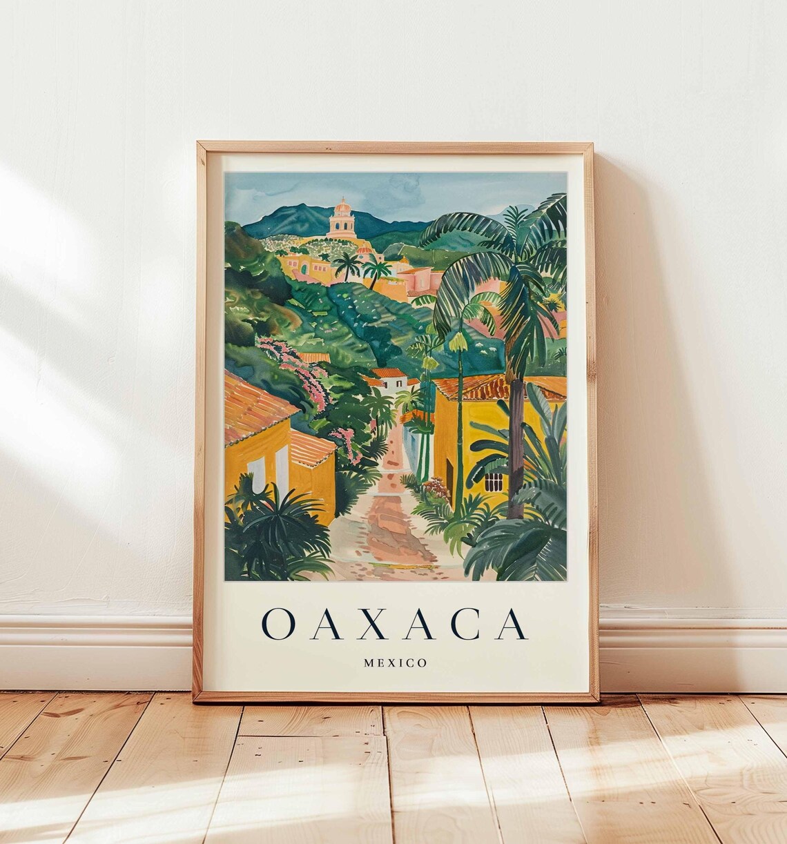Oaxaca Mexico Lush Green Hillside Street Church View Travel Poster