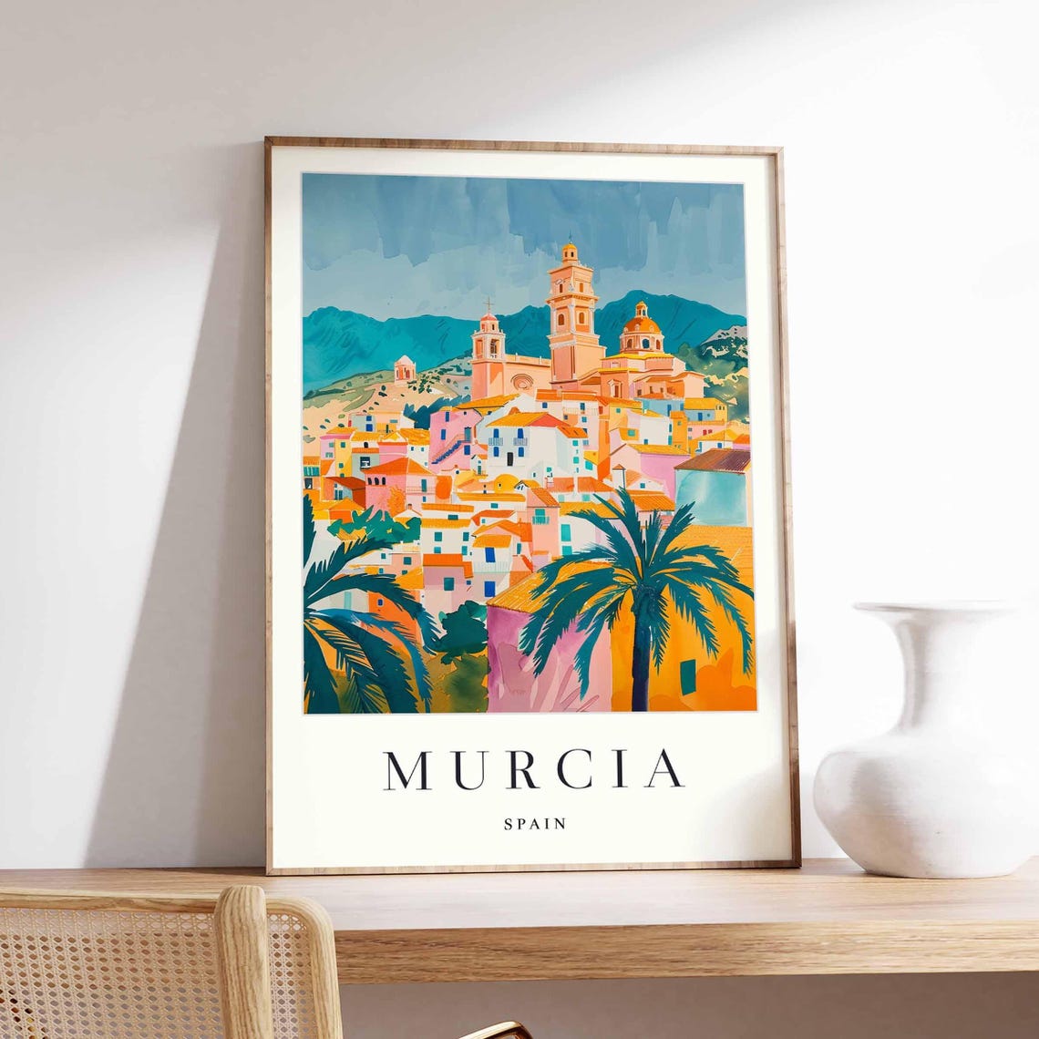 Murcia Spain Hillside Church Town Palms Scenic Travel Poster
