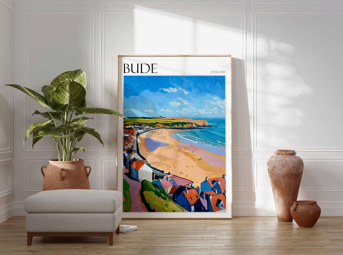Bude Cornwall Golden Beach Panoramic Painted Seaside Travel Poster - Image 3