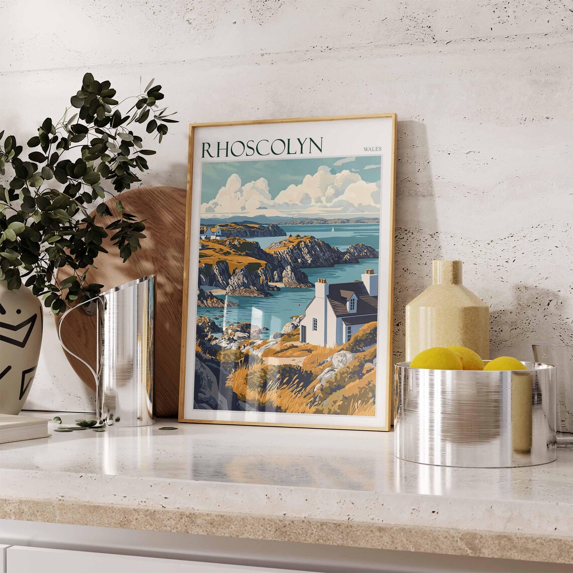 Rhoscolyn Wales White Cottage Golden Rocks Bay Scene Art Poster - Image 3
