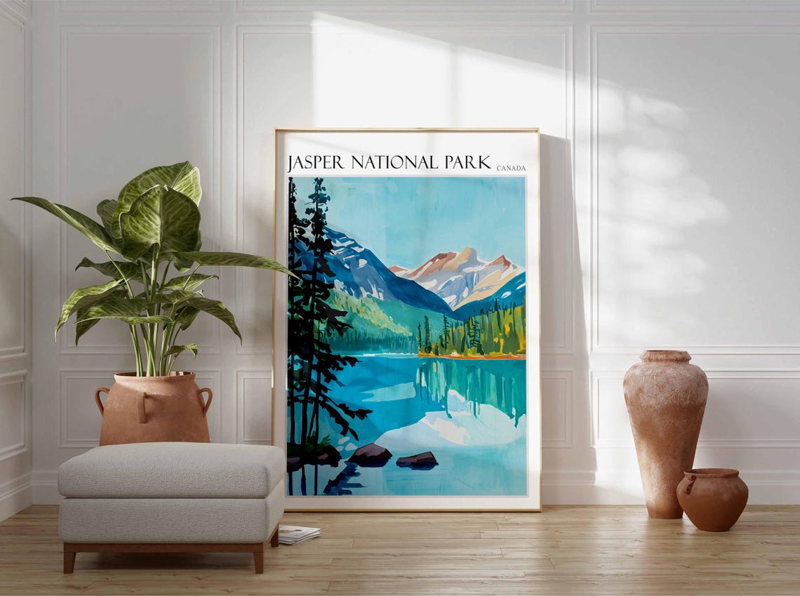 Jasper National Park Turquoise Lake Pines Shore Travel Poster - Image 2