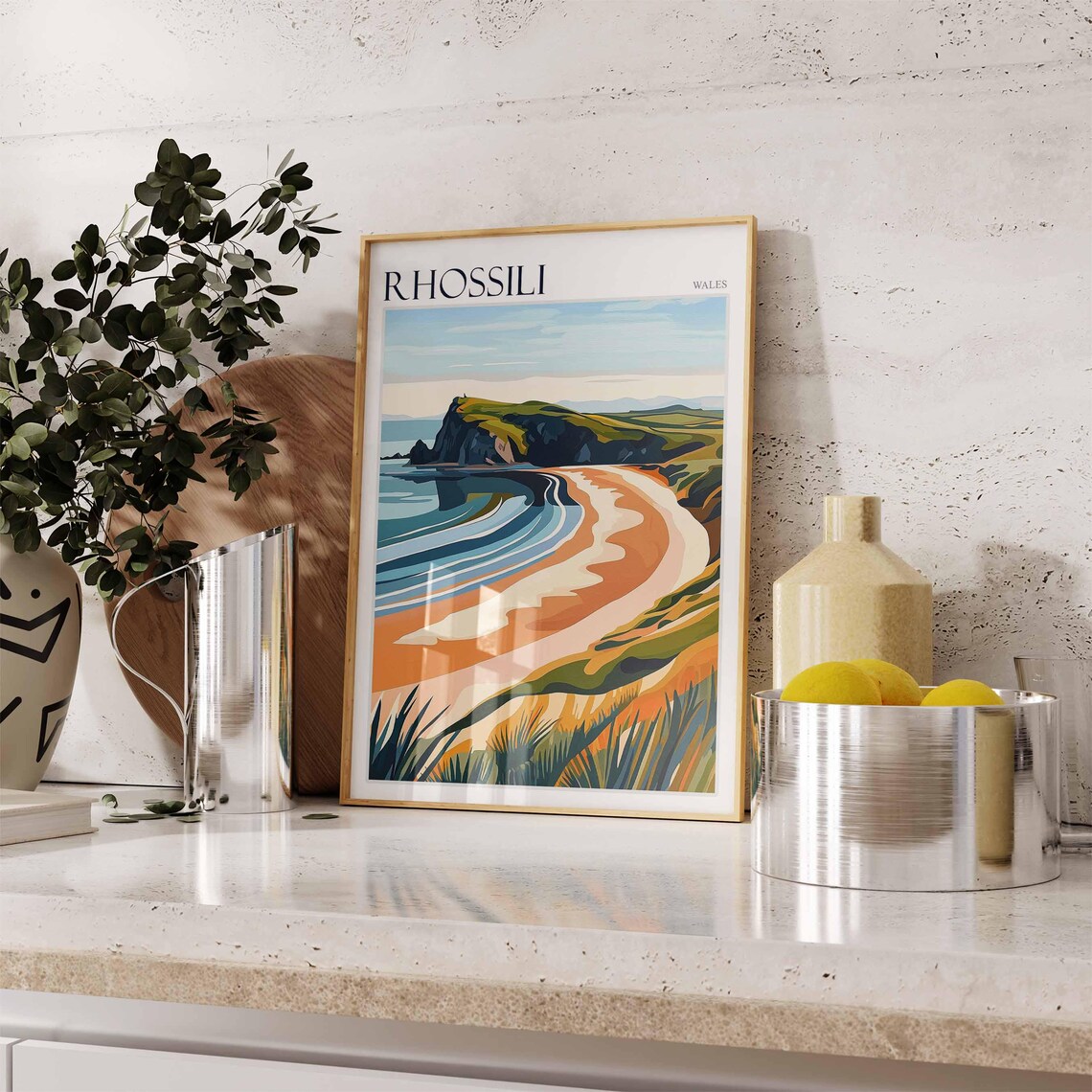 Rhossili Wales Retro Graphic Curved Bay Headland Art Style Poster - Image 3