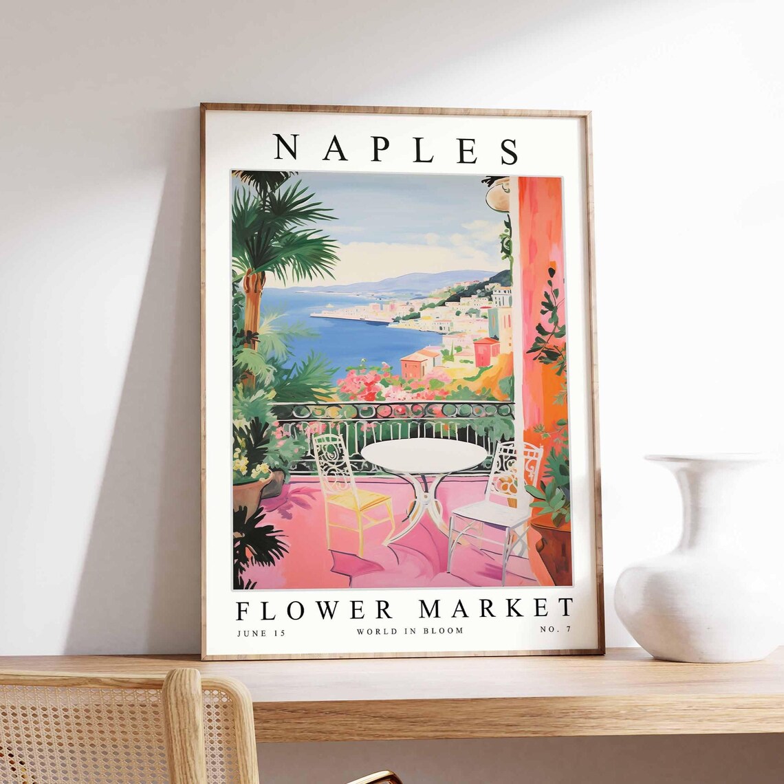 Naples Flower Market Pink Terrace Bay View Vintage Travel Poster