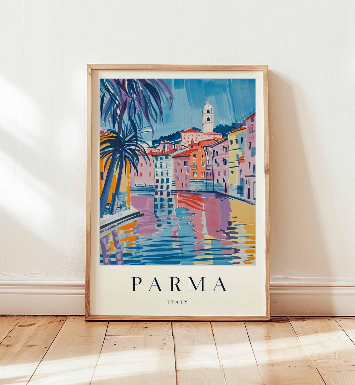 Parma Italy Canal Colorful Buildings Palm Trees Waterfront Poster