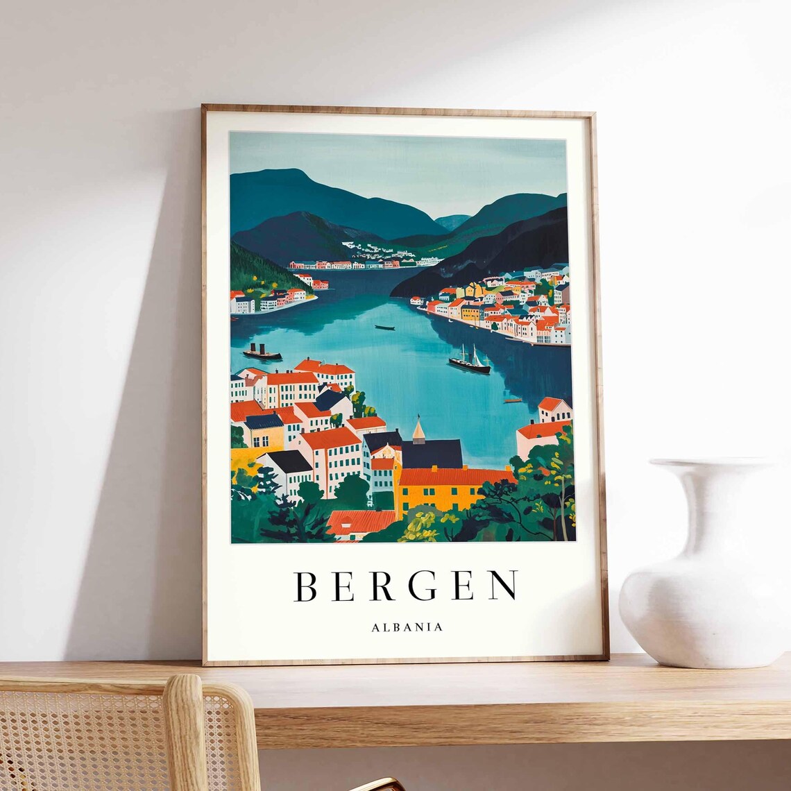 Bergen Albania Fjord Rooftops Panoramic Watercolor Travel Poster