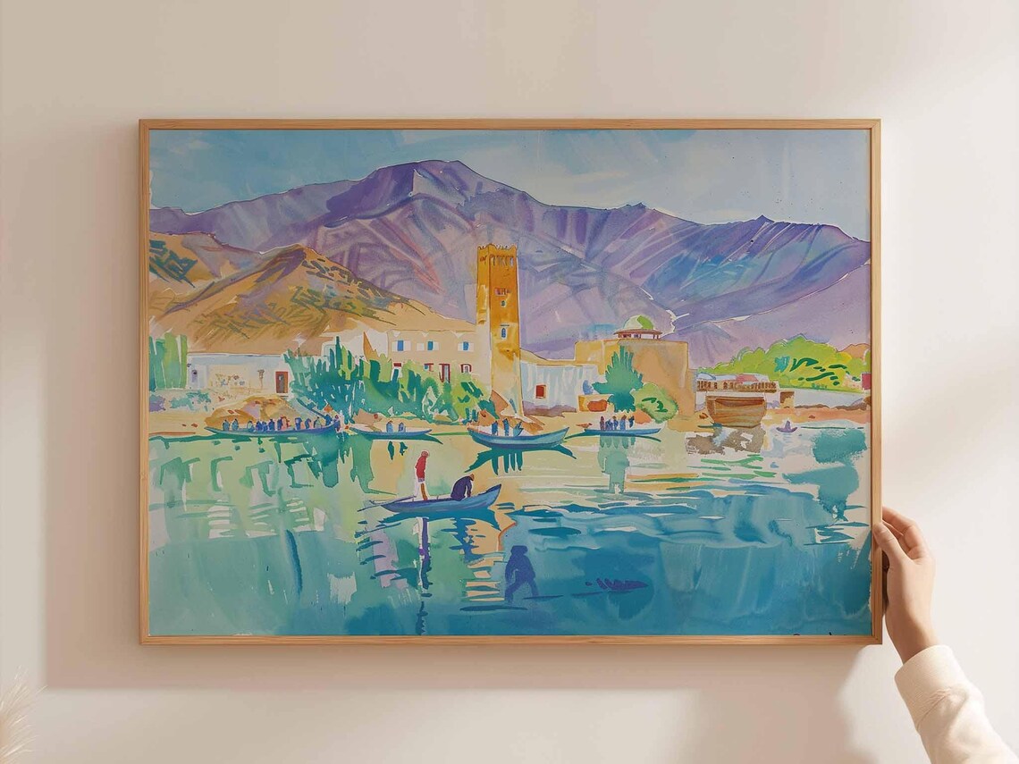 Afghanistan Lakeside Village Watercolor Art Asia Travel Poster