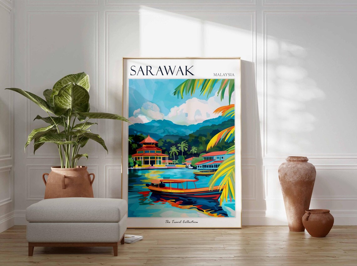 Sarawak Malaysia River Boat Tropical Mountains Palm Scene Poster - Image 2