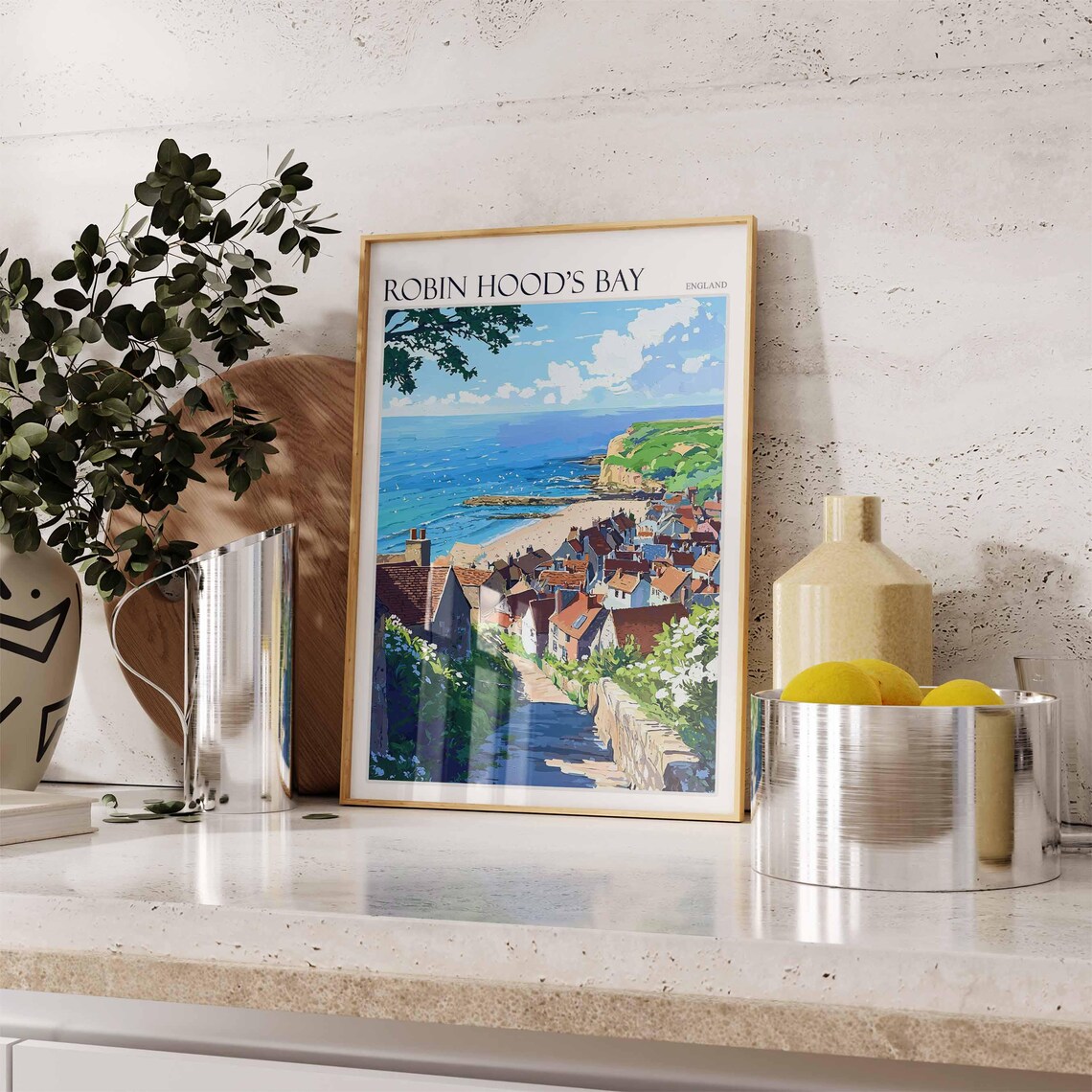 Robin Hood's Bay England Retro Garden Lane Steps Illustration Poster - Image 3
