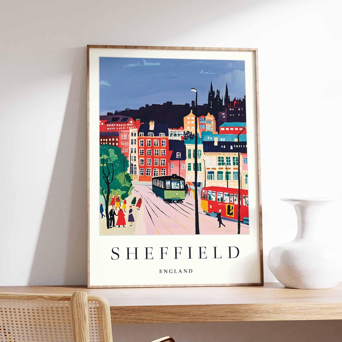 Sheffield England City Street Trams Cathedral Spires Dusk Poster